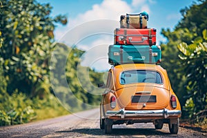 A car full of suitcases and bags to go on summer vacation, Road trip summer vacation