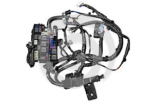Car fuse box with wiring on white background