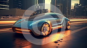 The car of the future speeding through town. At home in the background. Created with the help of artificial intelligence.