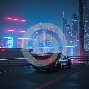 A Car on A Futuristic City at Night