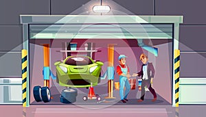 Car garage mechanic and client vector interior