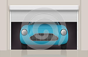 Car in garage. Roller doors at parking gates front view automobile decent vector realistic illustration