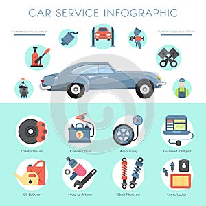Car garage service infographic repair station banner mechanic vehicle auto vector illustration. Transportation