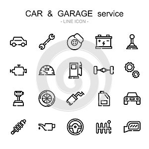 Car and garage service vector thin line icons set