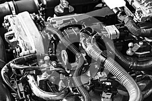 Car gasoline engine. Car engine part. Close-up image of an internal combustion engine. Engine detailing in a new car. Black and wh