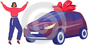 Car gift with happy woman joyfully jumping and waving hands. New automobile with big red bow ribbon