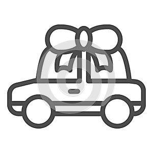Car gift line icon. Automobile prize vector illustration isolated on white. Auto with bow outline style design, designed