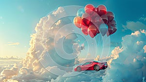 Car gift sent in the sky with clouds on balloons tied with string