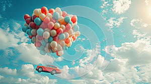 Car gift sent in the sky with clouds on balloons tied with string