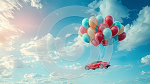 Car gift sent in the sky with clouds on balloons tied with string