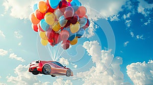 Car gift sent in the sky with clouds on balloons tied with string