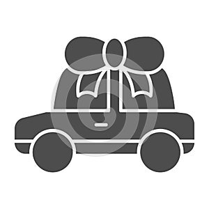 Car gift solid icon. Automobile prize vector illustration isolated on white. Auto with bow glyph style design, designed