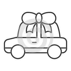 Car gift thin line icon. Automobile prize vector illustration isolated on white. Auto with bow outline style design