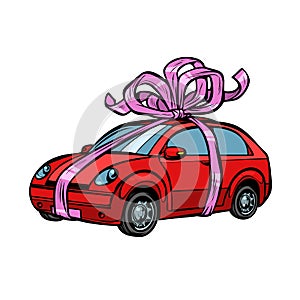 Car gift, transport tied with festive ribbons. Isolate on white background