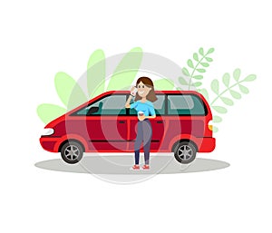 car. girl talking on the phone next to her car. vector icon in flat style