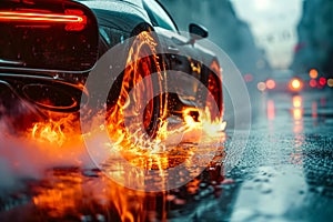 Car with glowing orange and yellow tires drives down wet street. Generative AI