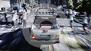 The car goes away from the chase crowd zombies. Destroyed city. Fast driving. Zombie apocalypse concept. 3d rendering.