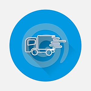 The car is going at high speed, vector icon. A symbol of fast delivery of cargo logistics company on blue background. Flat image