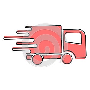 The car is going at high speed, vector icon. A symbol of fast delivery of cargo by a logistics company cartoon style on white