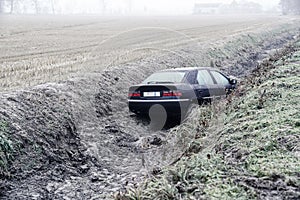 car going off road in lomellina, po` valley