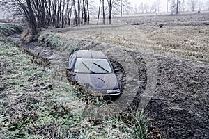 Car going off road in lomellina, po` valley