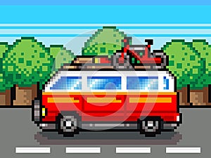 Car going for summer holiday trip - retro pixel illustration