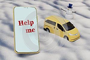 the car got stuck in the snow. message on the phone help me. 3d render