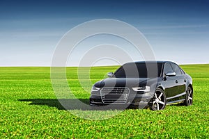 Car on the green grass at blue cloudy sky summertime audi