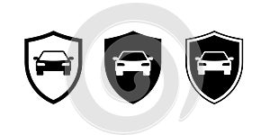 Car guard shield signs set. Vehicle insurance or auto shop store logo templates. Automobile front view black icons