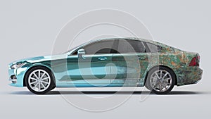 Car half aged dirty and wrapped in blue chrome. 3d rendering