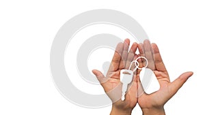 car handover concept, vehicle key giving symbol, object on palm against white background and isolated