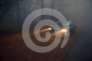 Car headlight beams in dense mist