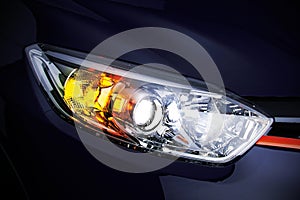 Car headlight with copy space macro view closeup of modern prestigious car 3d illustration