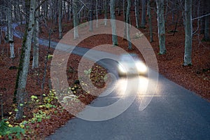 Car with headlights on country road