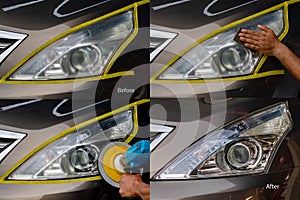 Car headlights with power buffer machine at service station - a series of CAR CARE images