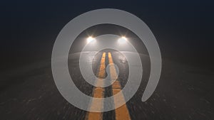 Car headlights pursuiting camera on a night road, seamless looped animation