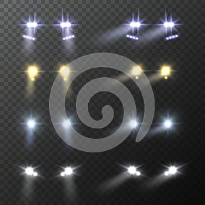 Car headlights. Realistic round bright cars headlight, light flares and blur shadows effect, automobile glow beams in