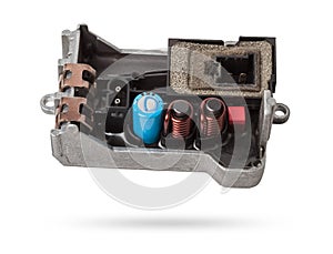 Car heater fan speed regulator on white isolated background. Catalog of spare parts for vehicles