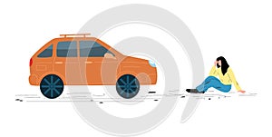 Car hit pedestrian woman, car accident concept, flat vector illustration isolated on white background.