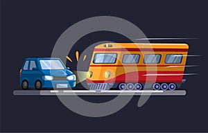 Car hit by train. train crossing accident illustration concept in cartoon vector