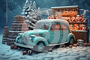 car holiday festive gift christmas snow winter candy merry retro. Generative AI.