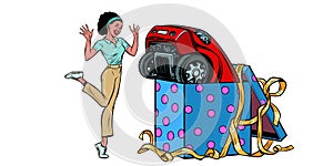 Car holiday gift box. African woman funny reaction joy. isolate on white background
