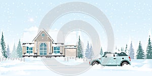 Car and house covered with snow