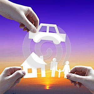 Car, house and family insurance policy concept