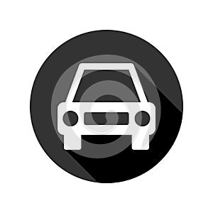 Car icon with long shadow, white isolated on black background, vector illustration.