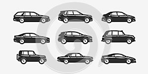 Car icon set. Transport, transportation symbol. Silhouette vector illustration