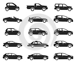 Car icon side view set, black silhouette