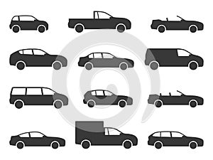 Car icons. Black vehicle side view silhouettes, automobiles for travel, models auto sedan and hatchback, truck and