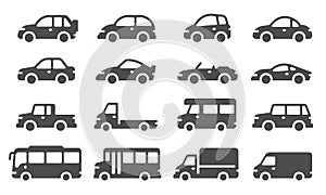 Car icons. Black vehicle silhouettes, automobiles for travel, auto models. Sedan, truck and suv, bus and other transport