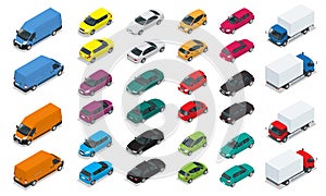 Car icons. Flat 3d isometric high quality city transport. Sedan, van, cargo truck, hatchback. Set of urban public and